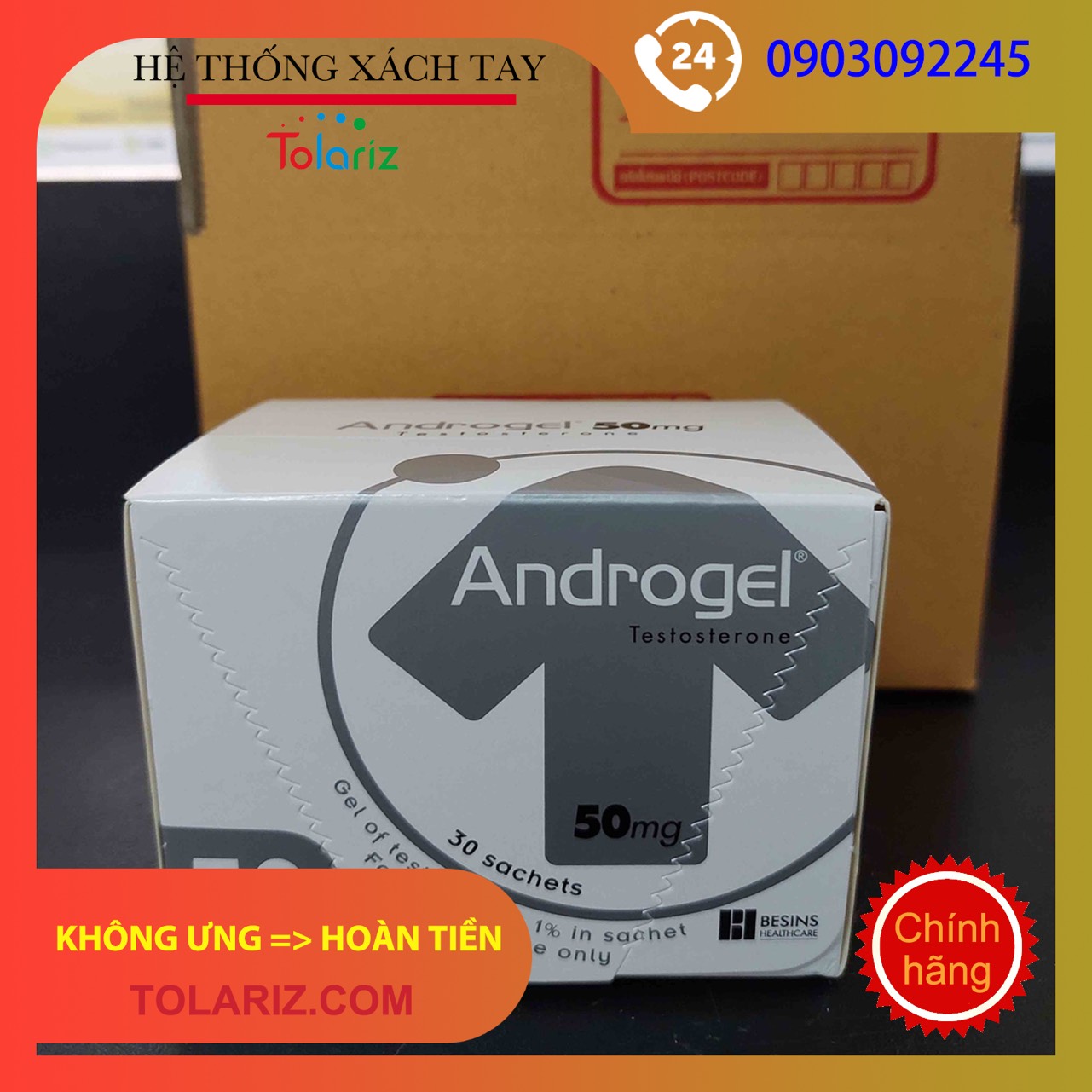 Gel bôi da Androgel 50mg/5g Besins hỗ trợ điều trị thiểu năng tuyến sinh dục nam giới (30 gói)